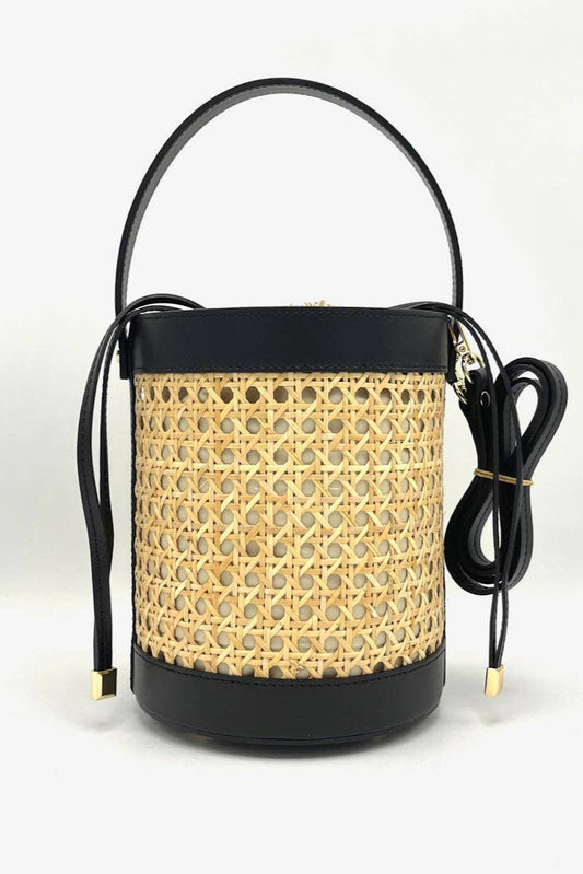 Capri Leather & Straw Bucket Bag – Black (Made in Italy)