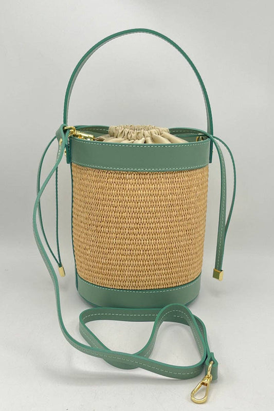 Leather and Straw Bucket Bag - Mint