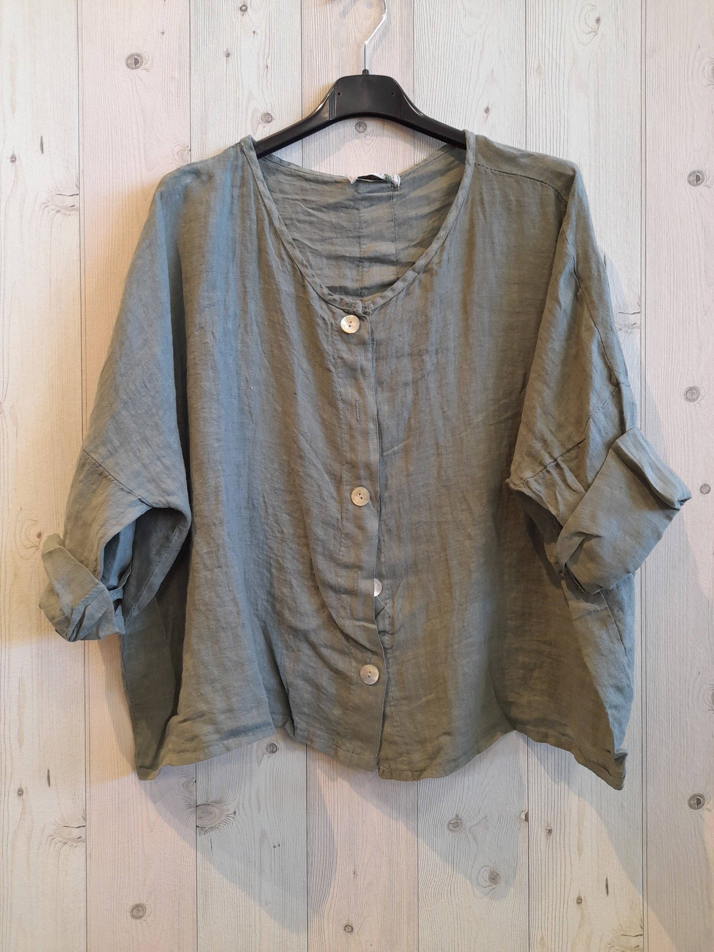 REF 08035 100% LINEN BUTTON BLOUSE: GREY