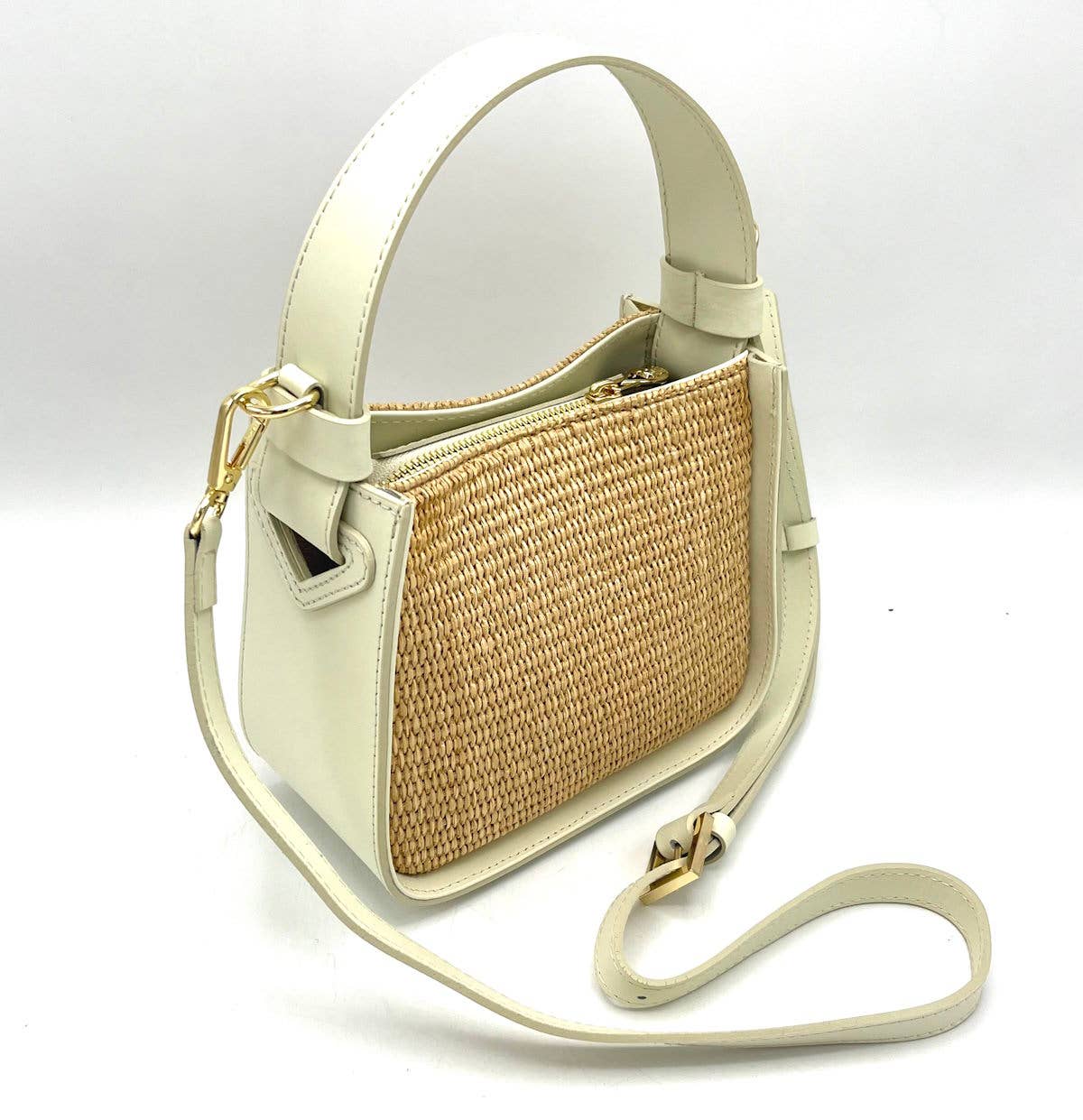 Summer leather and straw bag, Made in Italy, small, 112447: Camel