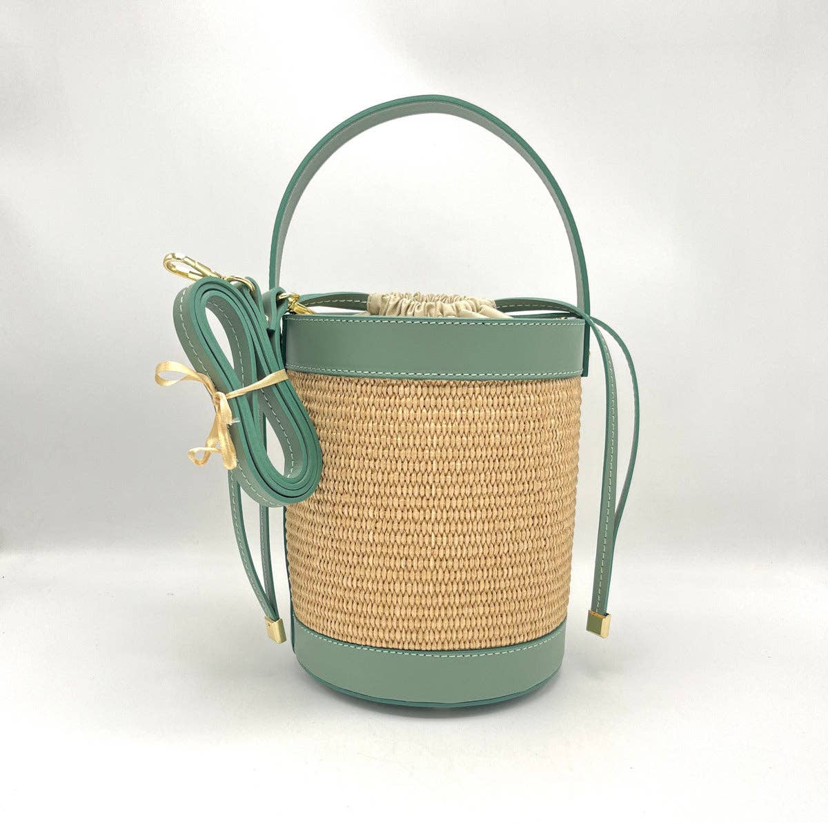 Leather and Straw Bucket Bag - Mint