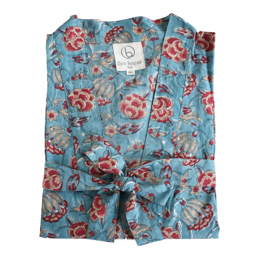 “Azul” floral printed cotton kimono: M/L