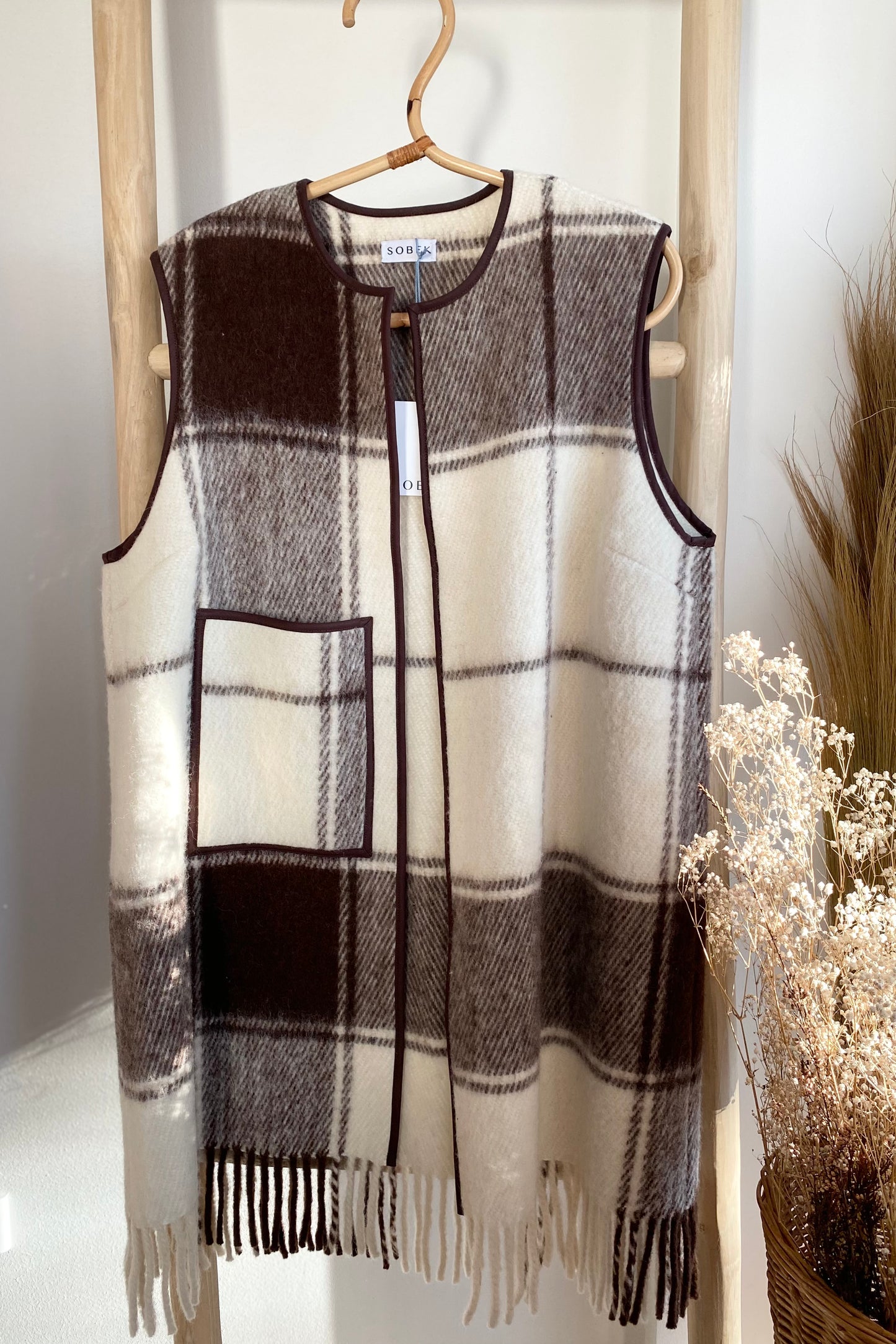 Sobek Long Vest with Fringe - Brown Check - M/L