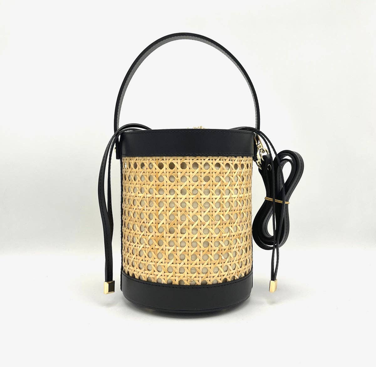 Leather and Straw Bucket Bag - Black