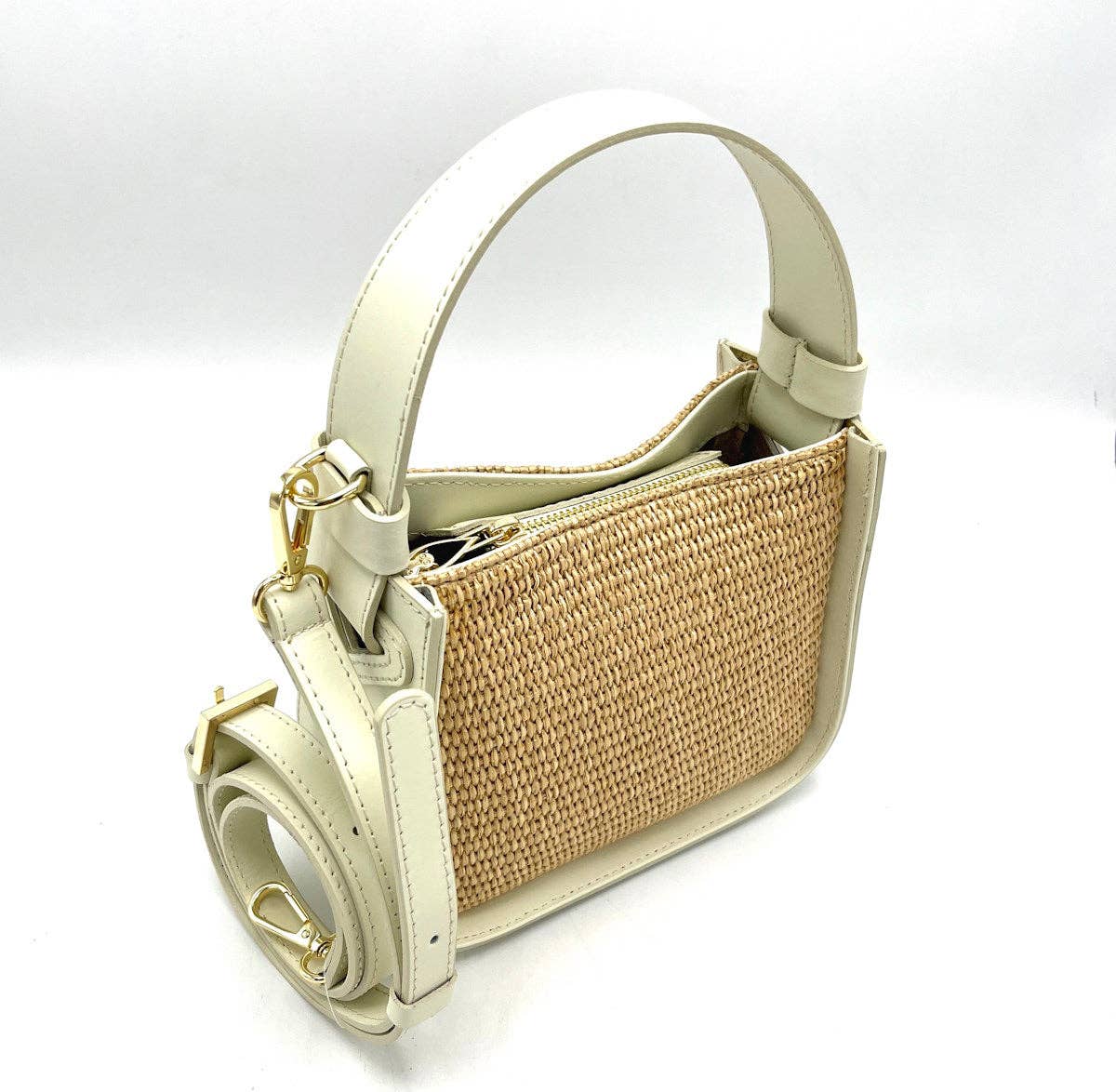 Summer leather and straw bag, Made in Italy, small, 112447: Camel