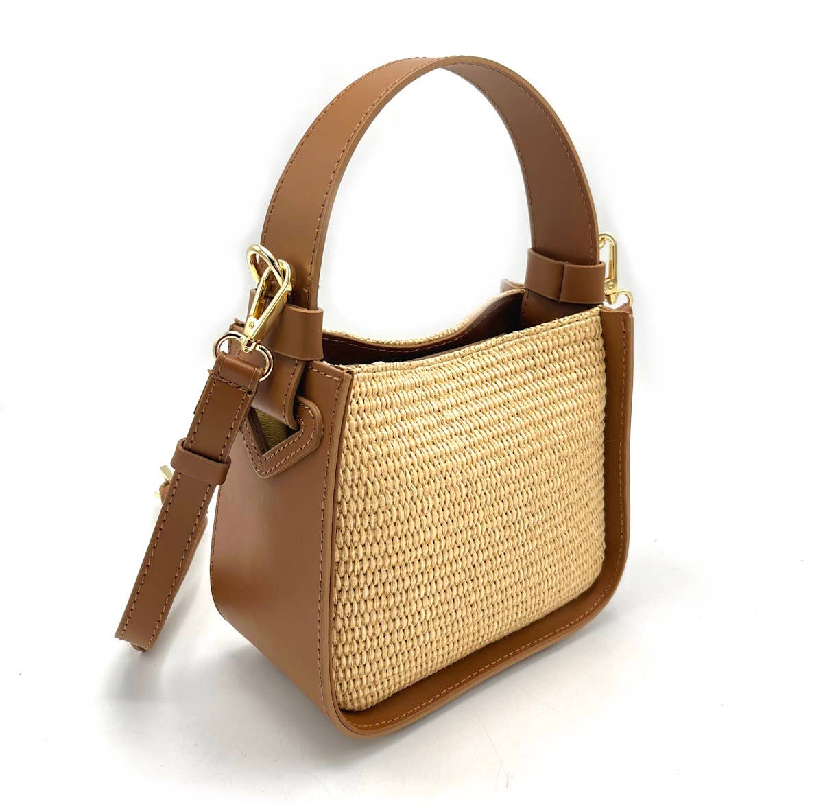 Summer leather and straw bag, Made in Italy, small, 112447: Camel